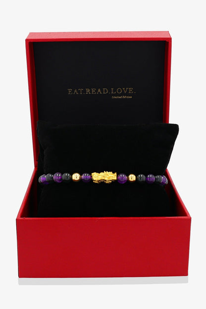 Grade A Amethyst and Black Obsidian Unlimited Protection 18K Gold Vermeil Pixiu Feng Shui Bracelet - Eat.Read.Love.