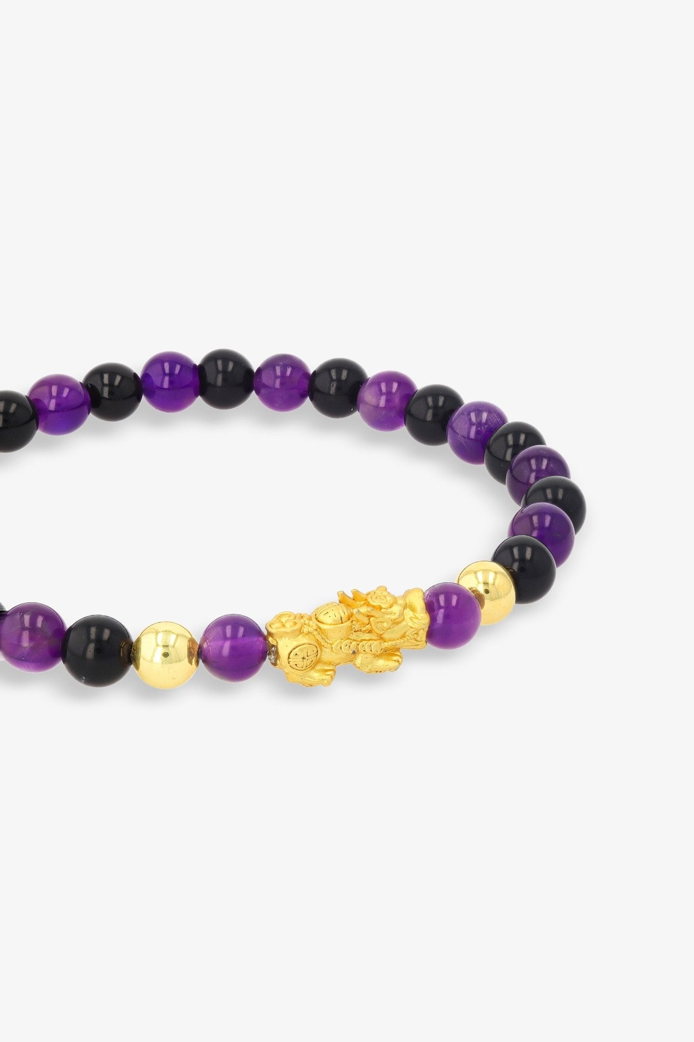 Grade A Amethyst and Black Obsidian Unlimited Protection 18K Gold Vermeil Pixiu Feng Shui Bracelet - Eat.Read.Love.