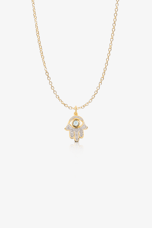 Hamsa Diamond with Blue Topaz Evil Eye Pendant 14k REAL Yellow Gold - Eat.Read.Love.