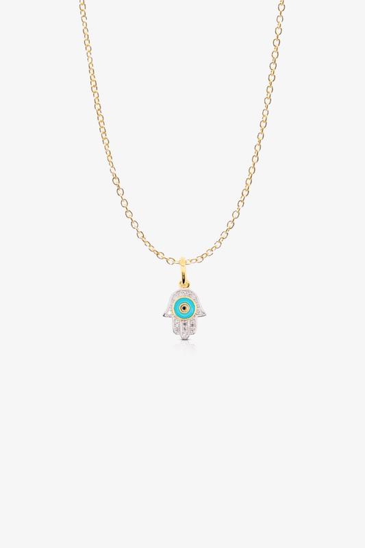 Hamsa Diamond with Turquoise Evil Eye Pendant 14k REAL Yellow Gold - Eat.Read.Love.