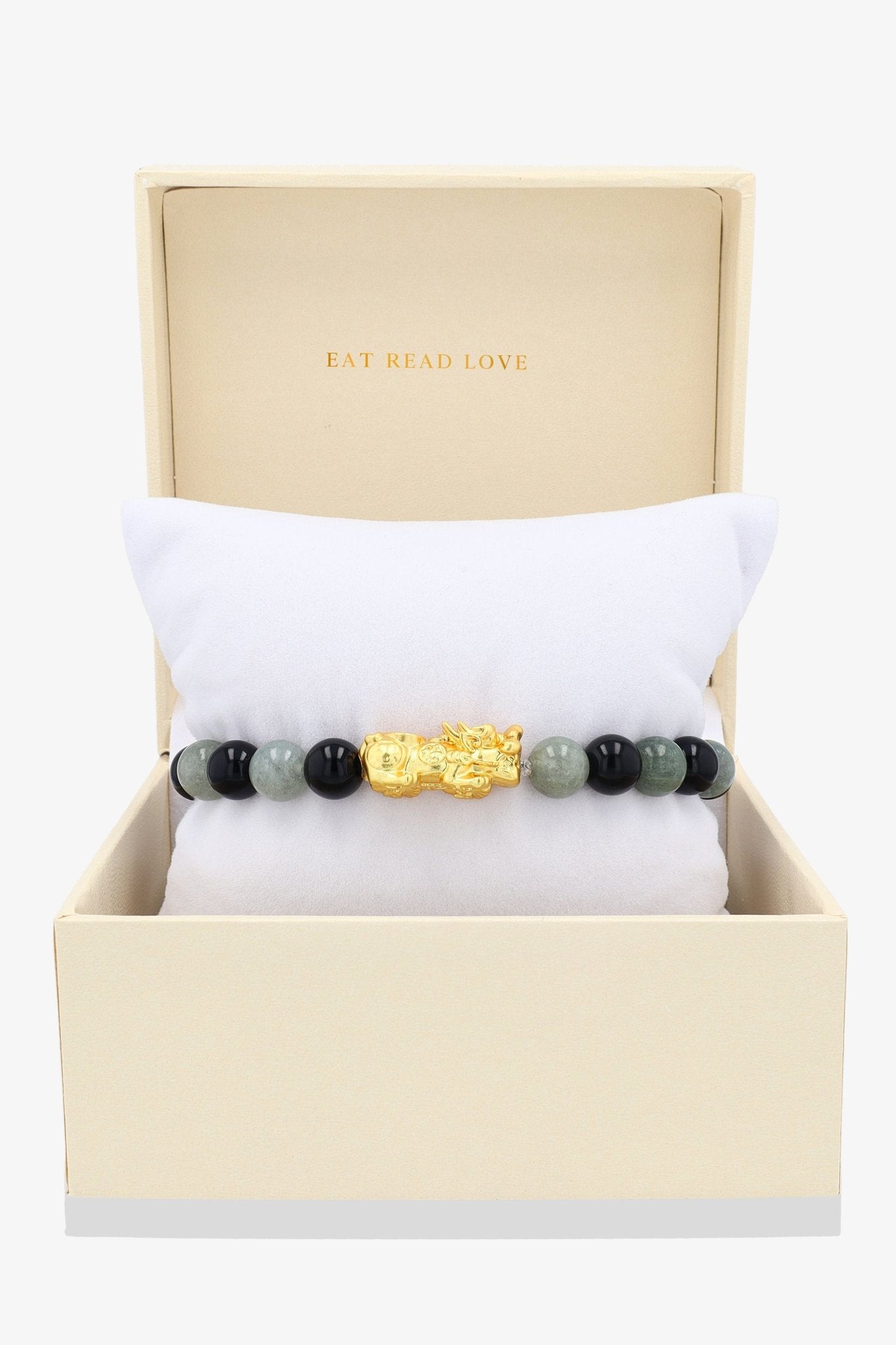 Jade and Black Obsidian 18k Gold Vermeil Pixiu Luck Bracelet - Eat.Read.Love.