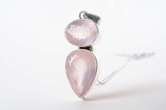 Large Faceted Rose Quartz Drop Sterling Silver Pendant - Eat.Read.Love.