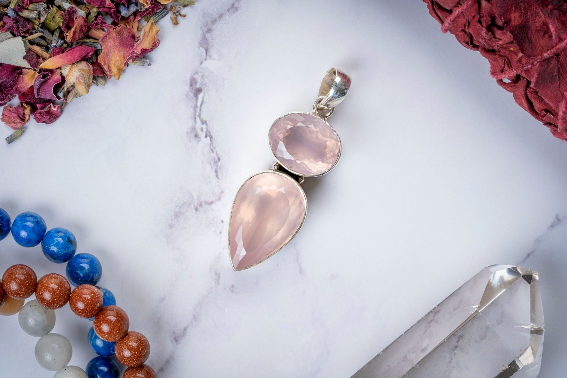 Large Faceted Rose Quartz Drop Sterling Silver Pendant - Eat.Read.Love.