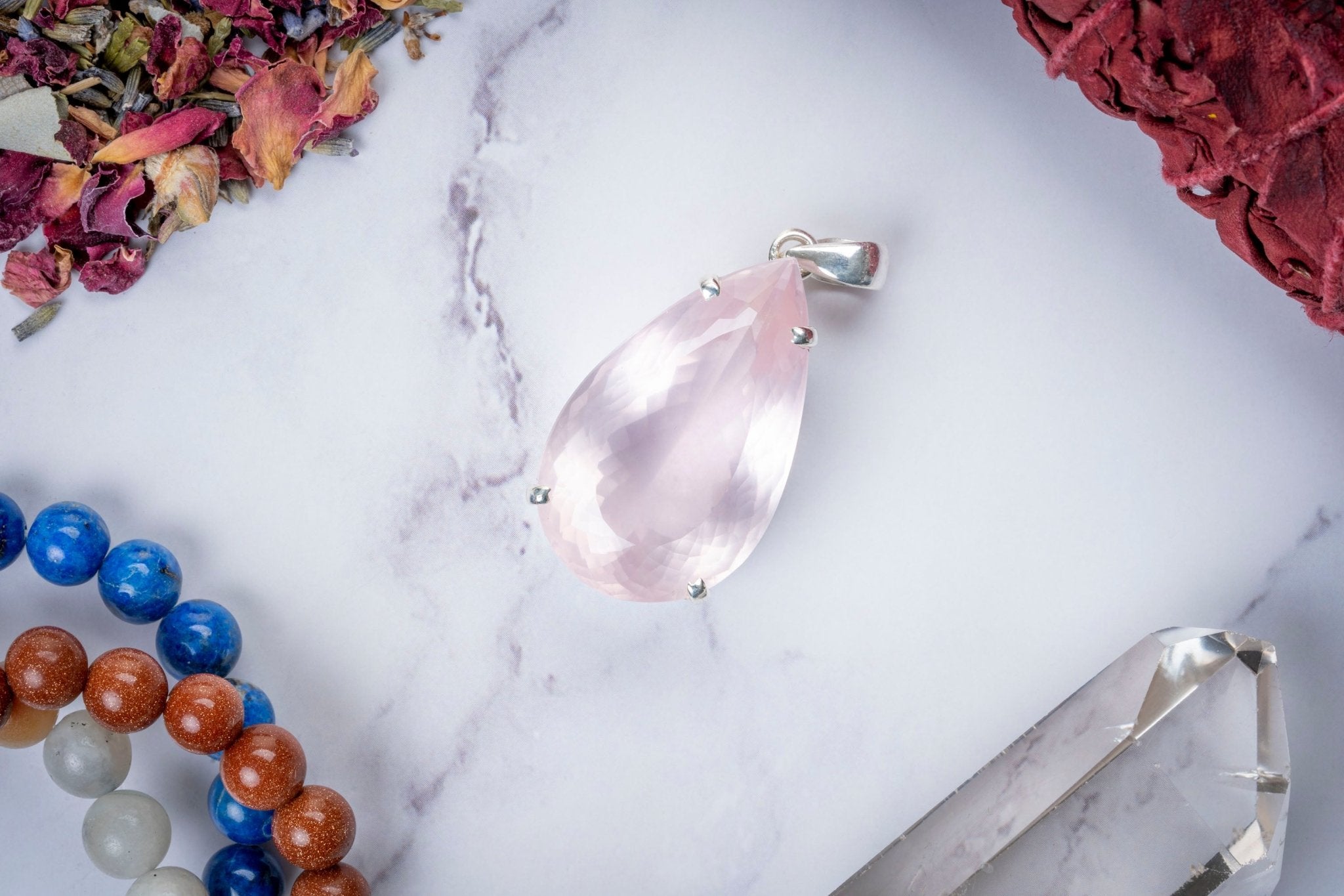 Large Rose Quartz Teardrop Sterling Silver Pendant - Eat.Read.Love.