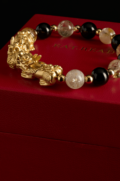 Natural Citrine and Black Obsidian 18k Gold Vermeil Double Pixiu Feng Shui Bracelet - Eat.Read.Love.