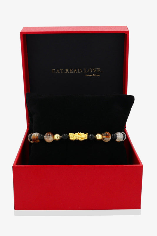 Natural Citrine and Black Obsidian Unlimited Wealth 18K Gold Vermeil Pixiu Feng Shui Bracelet - Eat.Read.Love.