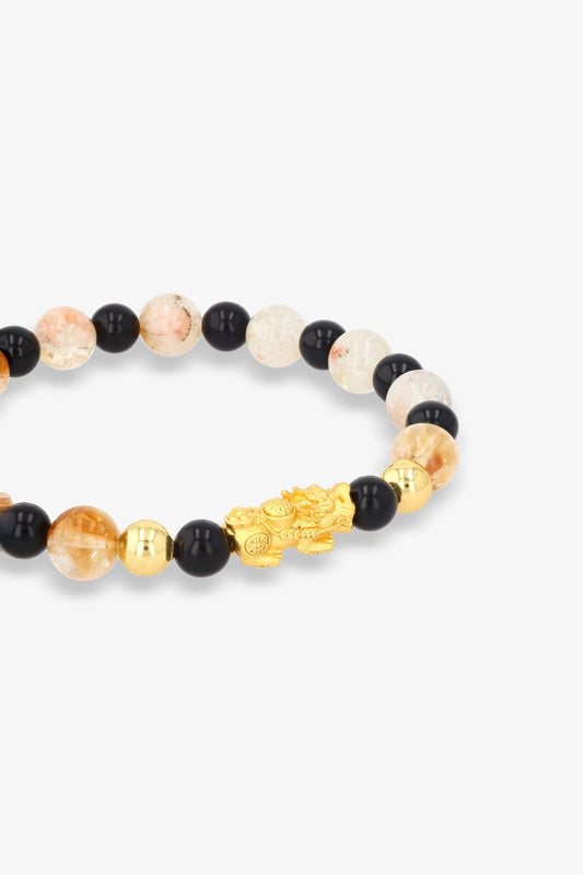 Natural Citrine and Black Obsidian Unlimited Wealth 18K Gold Vermeil Pixiu Feng Shui Bracelet - Eat.Read.Love.