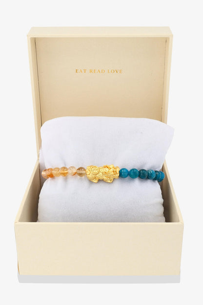 Natural Citrine and Blue Apatite Mega Fortune 18k Gold Vermeil Pixiu Feng Shui Bracelet - Eat.Read.Love.