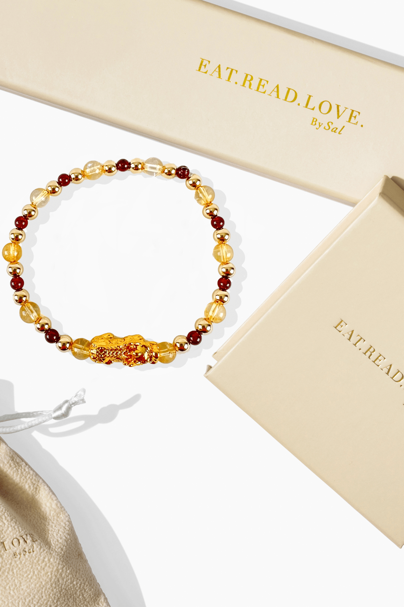 Natural Citrine & Garnet Pixiu Feng Shui Bracelet w/ Gold Vermeil Beads - Eat.Read.Love.