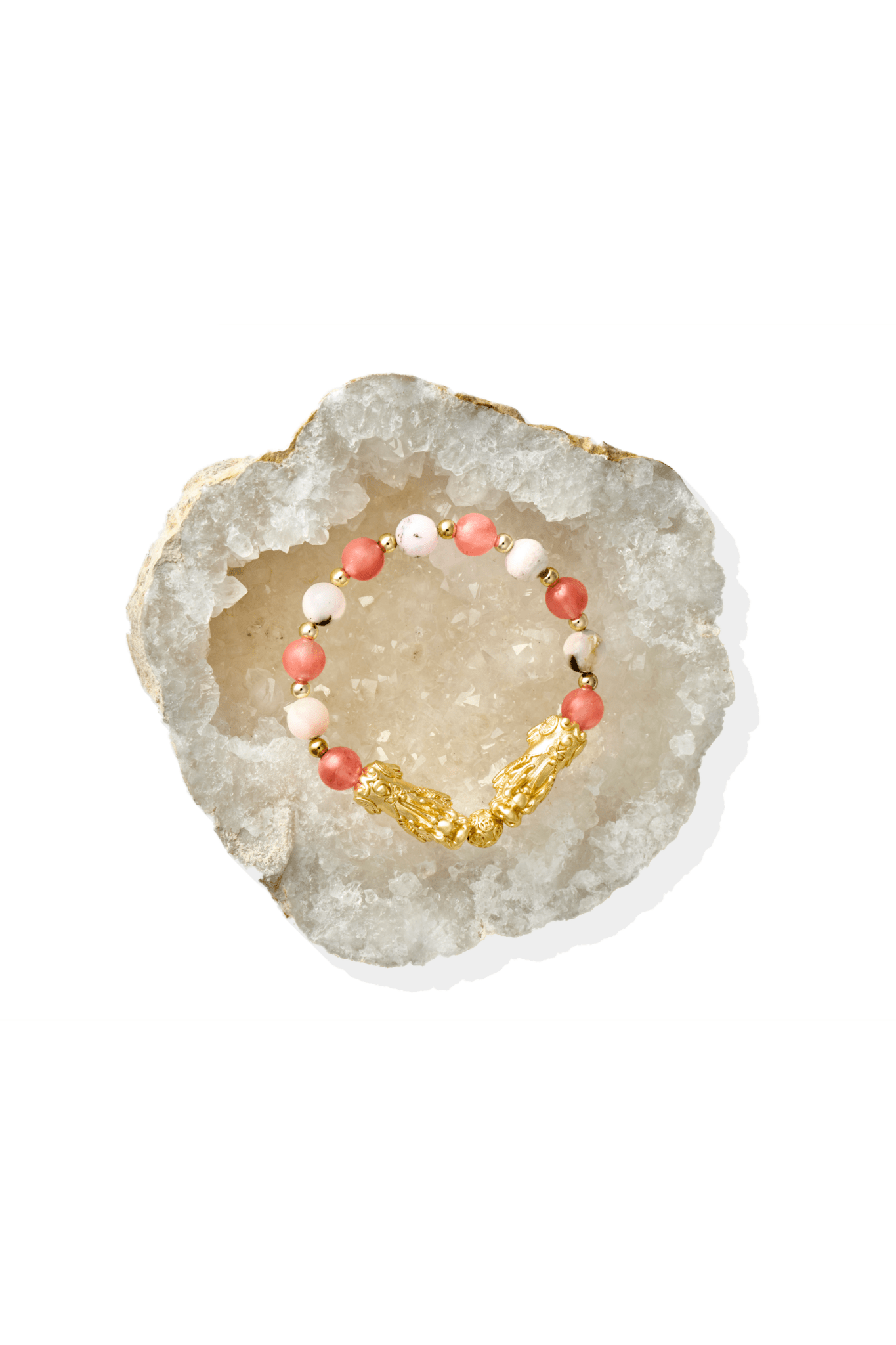 Pink Opal and Cherry Quartz 18k Gold Vermeil Double Pixiu Feng Shui Bracelet - Eat.Read.Love.