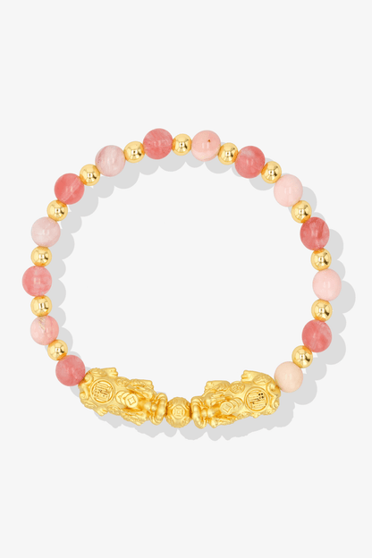 Pink Opal and Cherry Quartz 18k Gold Vermeil Double Pixiu Feng Shui Bracelet - Eat.Read.Love.