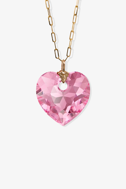 Swarovski Xilion Rose Pink Crystal Heart with REAL 14k Gold Paperclip Necklace