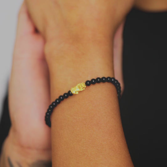 Black Obsidian 18k REAL Gold Feng Shui Pixiu Bracelet