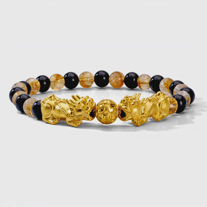 Money Attracting Citrine and Black Obsidian Double Pixiu Bracelet