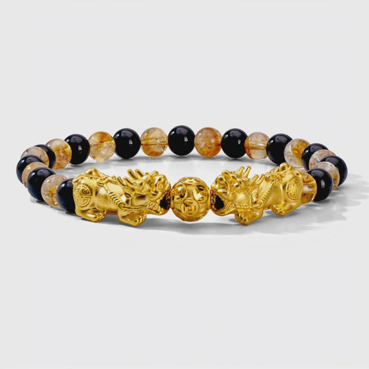 Money Attracting Citrine and Black Obsidian Double Pixiu Bracelet