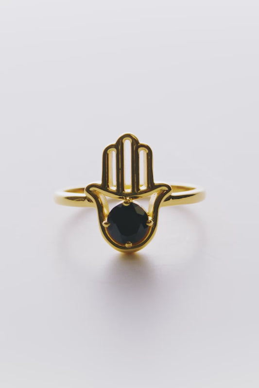 Genuine Black Tourmaline Hamsa 18k Gold Vermeil Ring