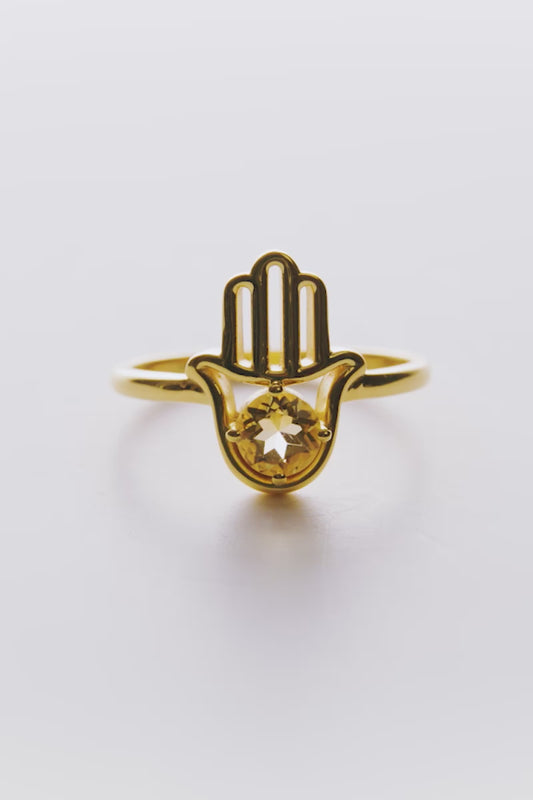 Genuine Citrine Hamsa 18k Gold Vermeil Ring