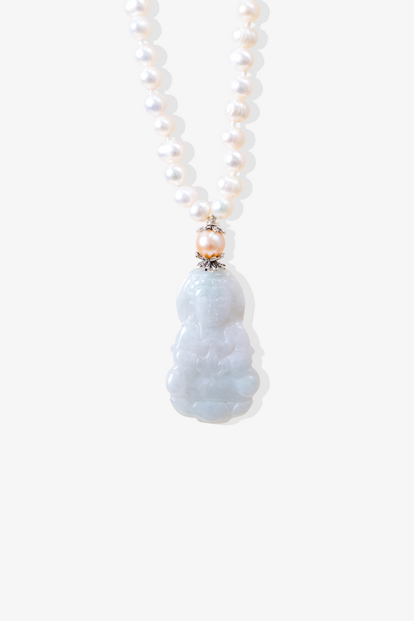 Uniquely Lucky Jade Quan Yin with Fresh Water Pearl Crystal Necklace