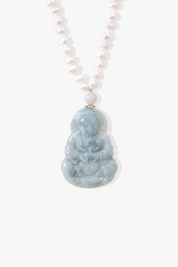 The Prosperous Jade Quan Yin with Fresh Water Pearl Crystal Necklace