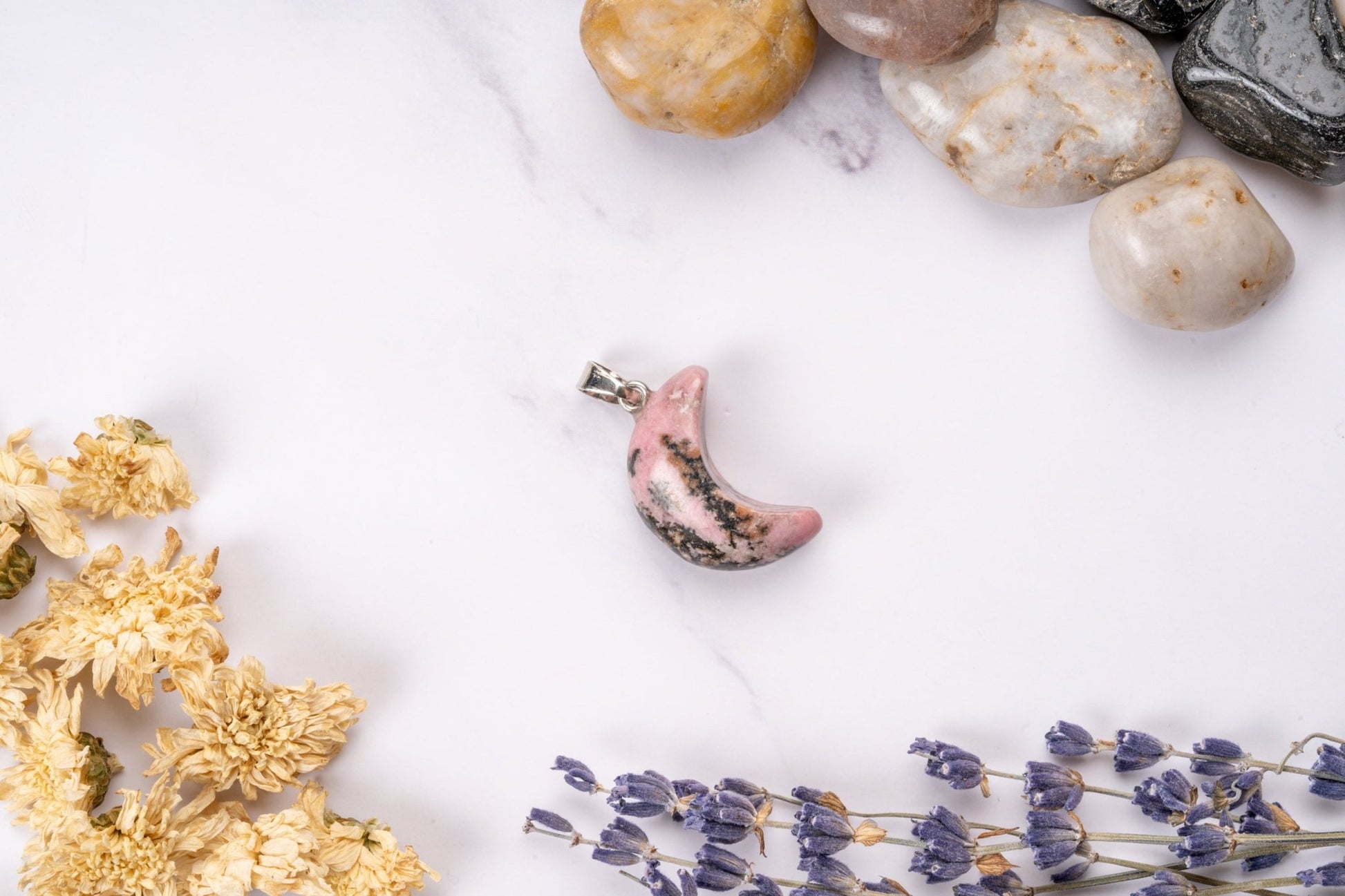 Rhodonite Crescent Moon Pendant - Eat.Read.Love.