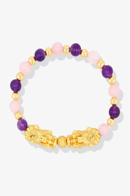 Rose Quartz and Amethyst 18k Gold Vermeil Double Pixiu Feng Shui Bracelet - Eat.Read.Love.