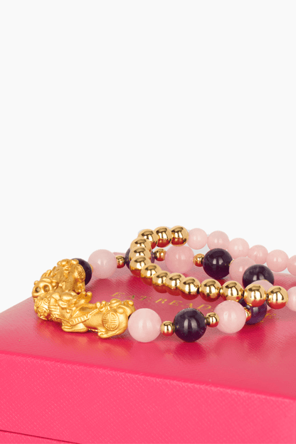 Rose Quartz and Amethyst 18k Gold Vermeil Double Pixiu Feng Shui Bracelet - Eat.Read.Love.