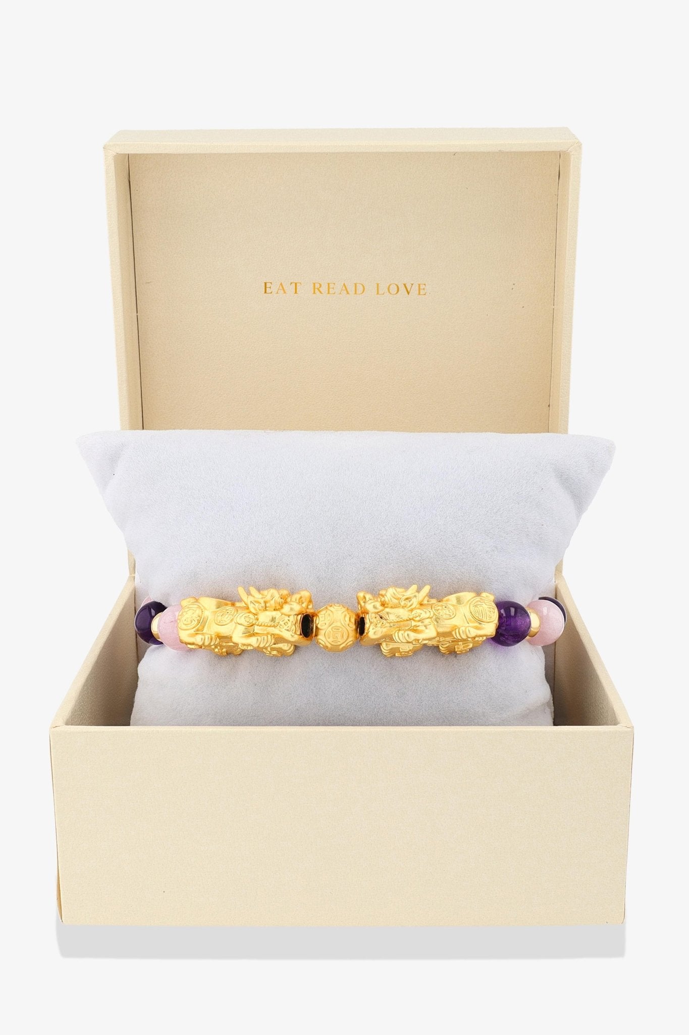 Rose Quartz and Amethyst 18k Gold Vermeil Double Pixiu Feng Shui Bracelet - Eat.Read.Love.