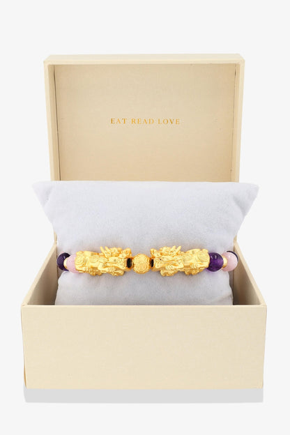 Rose Quartz and Amethyst 18k Gold Vermeil Double Pixiu Feng Shui Bracelet - Eat.Read.Love.