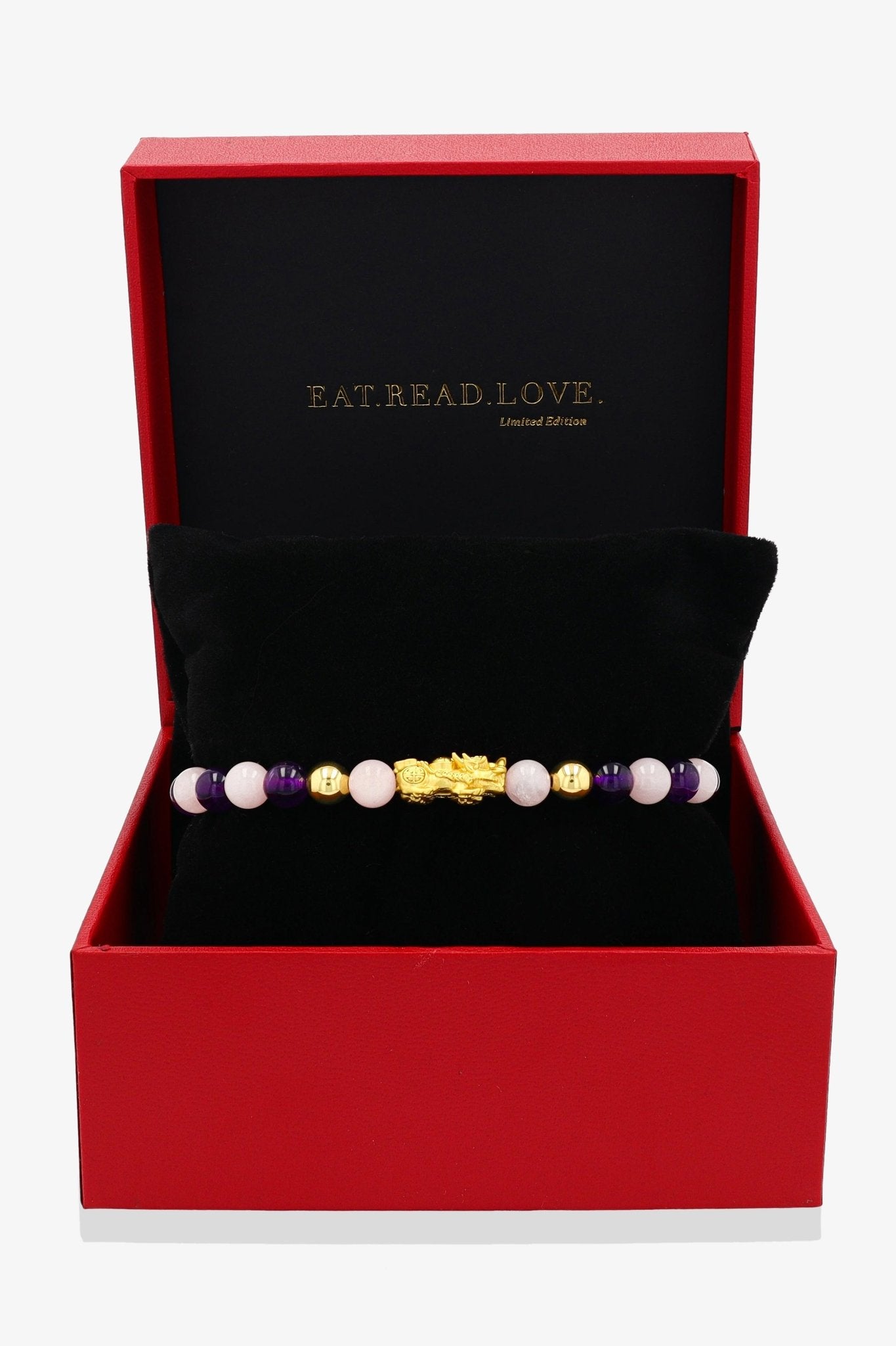 Rose Quartz and Amethyst Unlimited Love 18K Gold Vermeil Pixiu Feng Shui Bracelet - Eat.Read.Love.