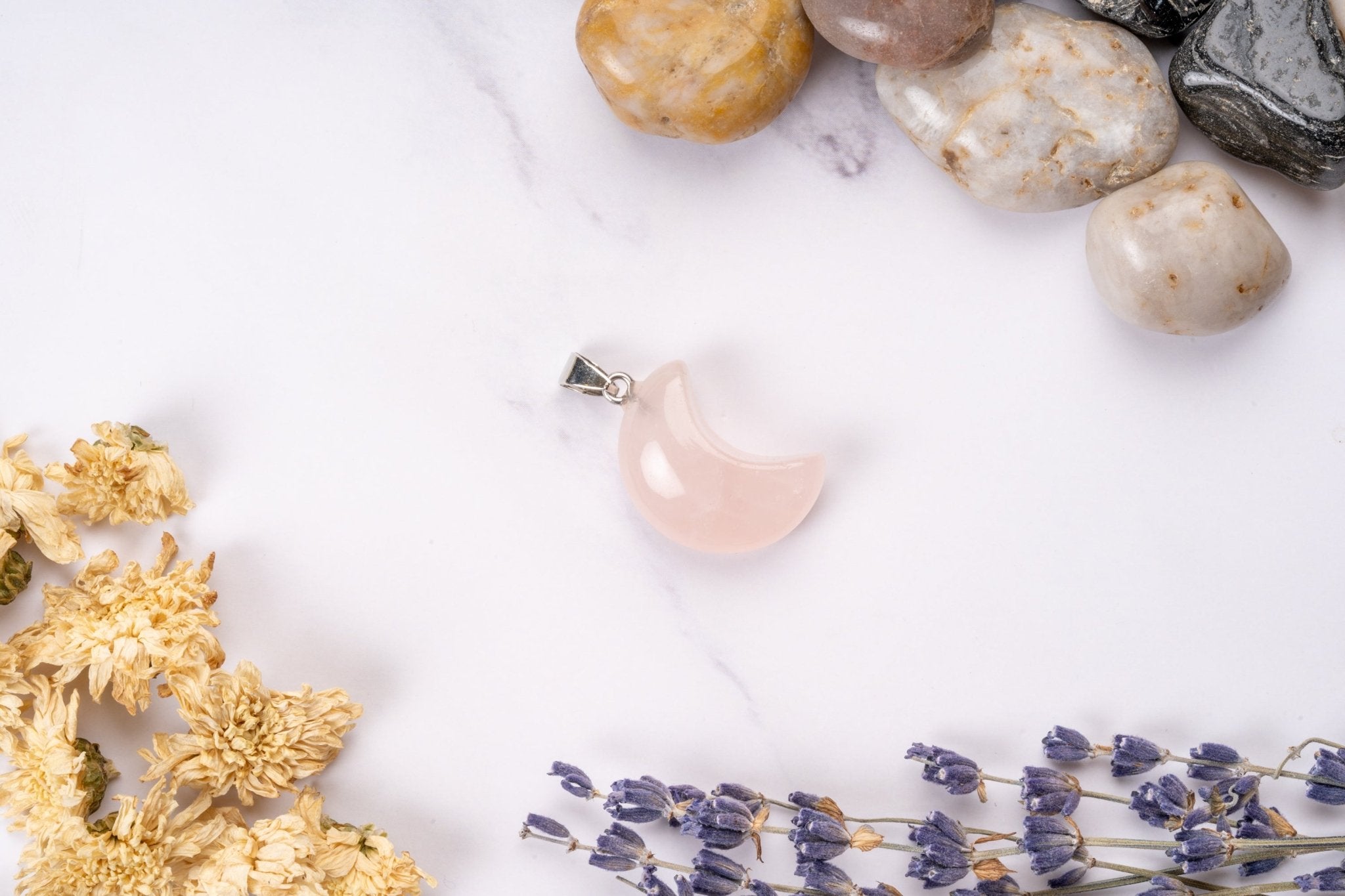 Rose Quartz Crescent Moon Pendant - Eat.Read.Love.