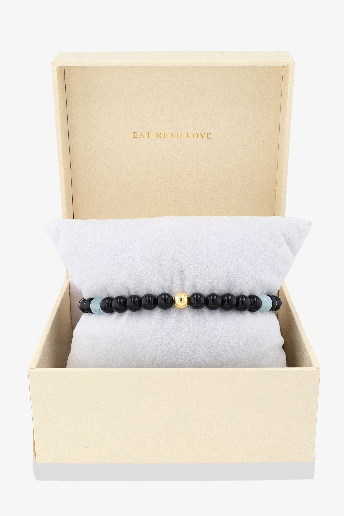 Sagittarius Black Obsidian and Aquamarine Crystal Bracelet with REAL Gold - Eat.Read.Love.