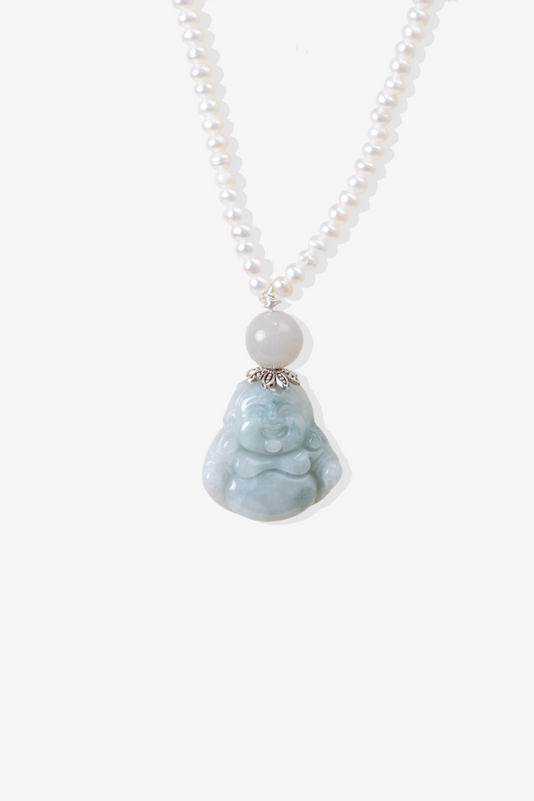 The Illustrious Jade Laughing Buddha with Fresh Water Pearl Crystal Necklace