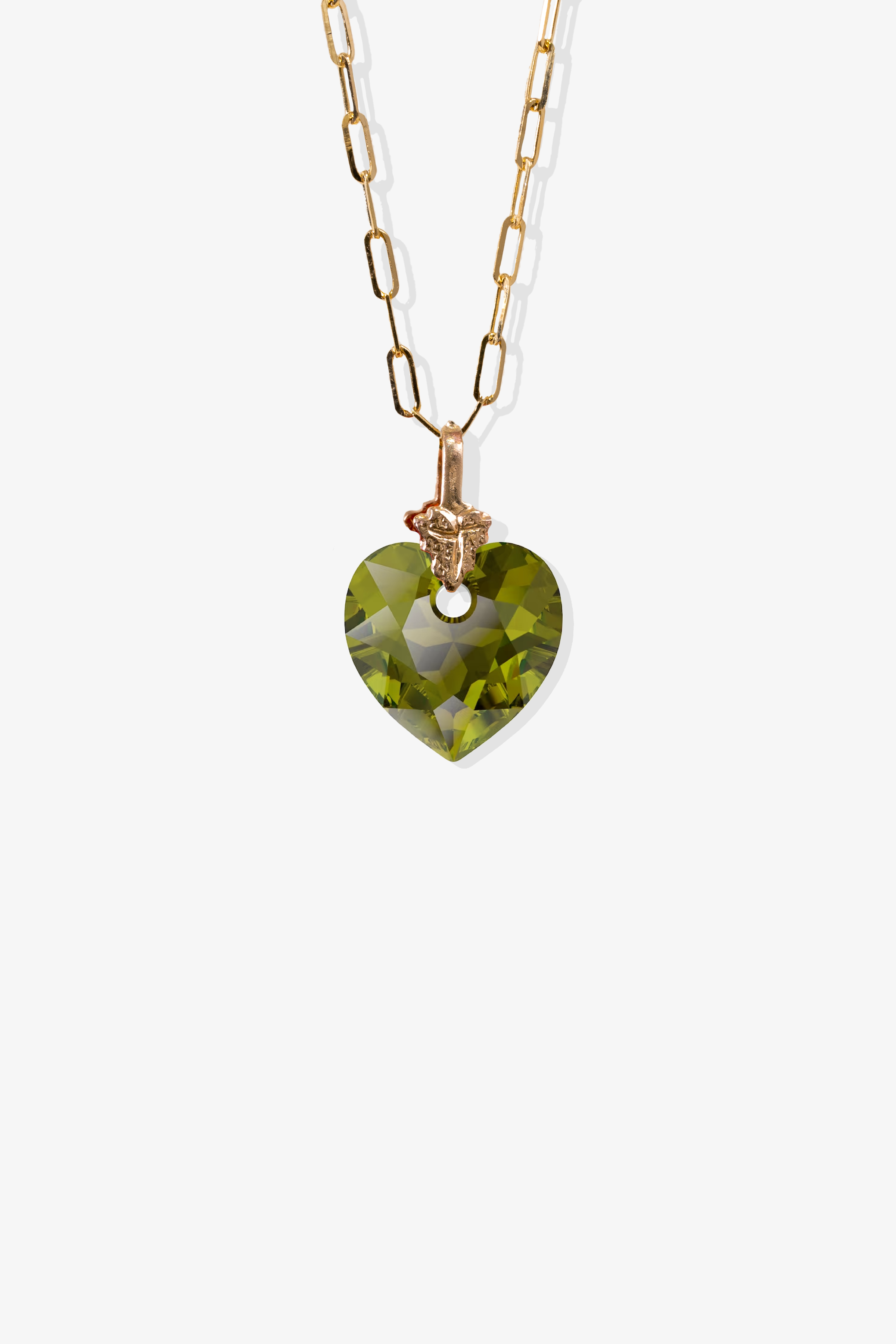 Petite Swarovski Xilion Olive Green Crystal Heart with REAL 14k Gold Paperclip Necklace