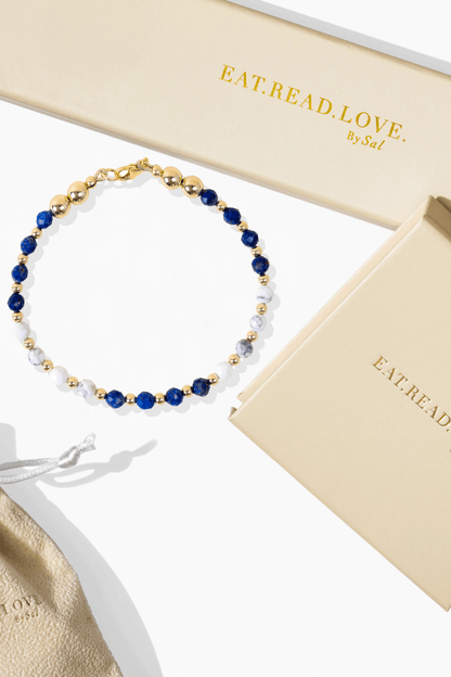 Stress Relief Spiritual Bracelet with REAL Gold - Lapis Lazuli and Howlite - Eat.Read.Love.