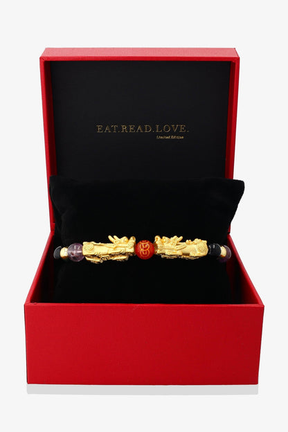 Super Seven and Black Obsidian Gold Vermeil Double Pixiu Feng Shui Bracelet - Eat.Read.Love.