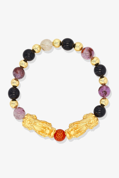 Super Seven and Black Obsidian Gold Vermeil Double Pixiu Feng Shui Bracelet - Eat.Read.Love.