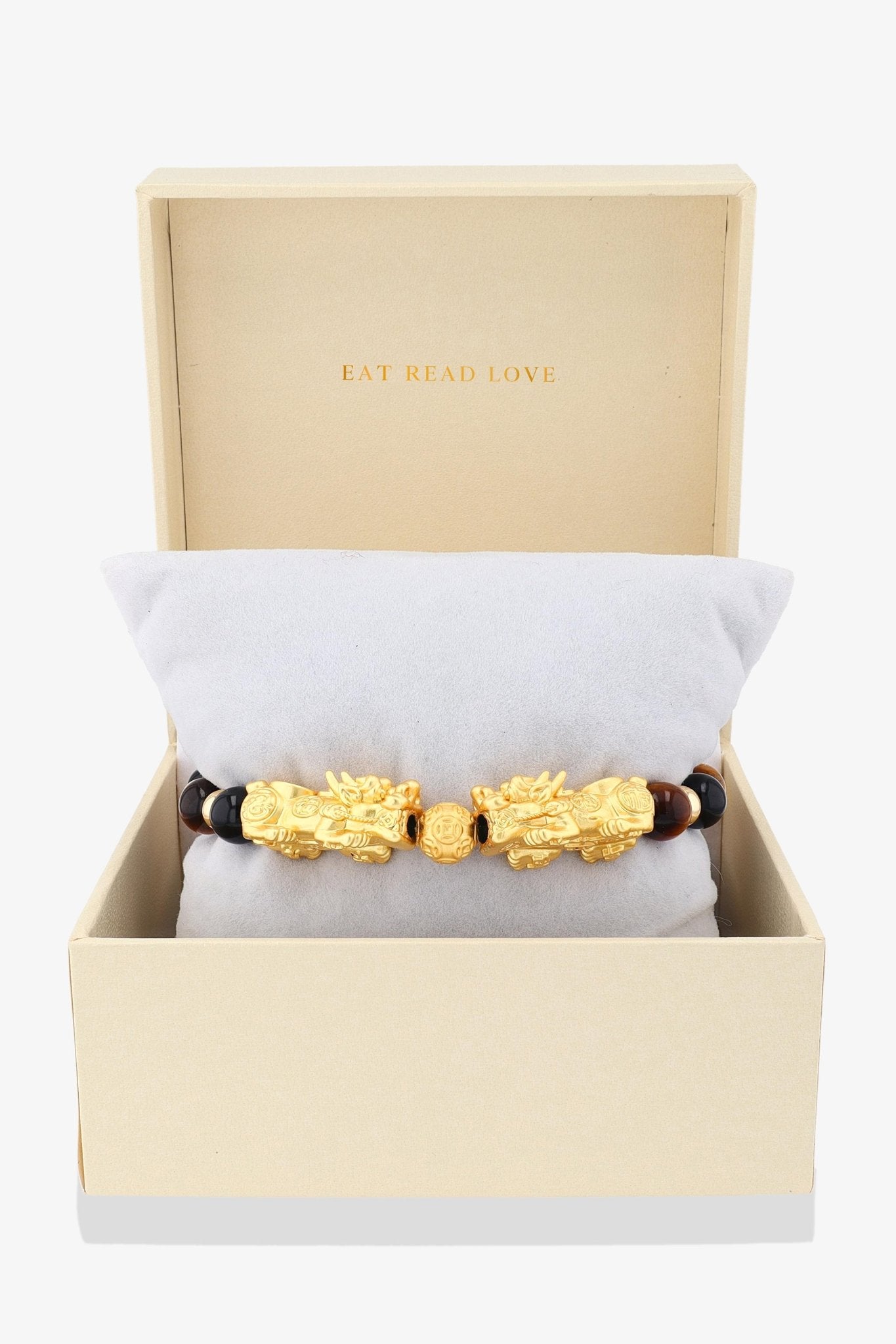 Tigers Eye and Black Obsidian 18k Gold Vermeil Double Pixiu Feng Shui Bracelet - Eat.Read.Love.