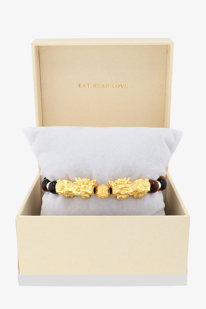 Tigers Eye and Black Obsidian 18k Gold Vermeil Double Pixiu Feng Shui Bracelet - Eat.Read.Love.