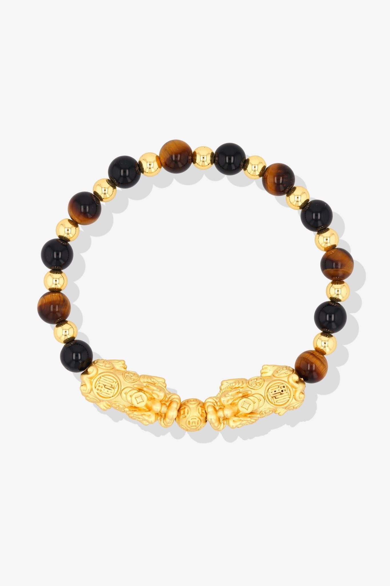 Tigers Eye and Black Obsidian 18k Gold Vermeil Double Pixiu Feng Shui Bracelet - Eat.Read.Love.