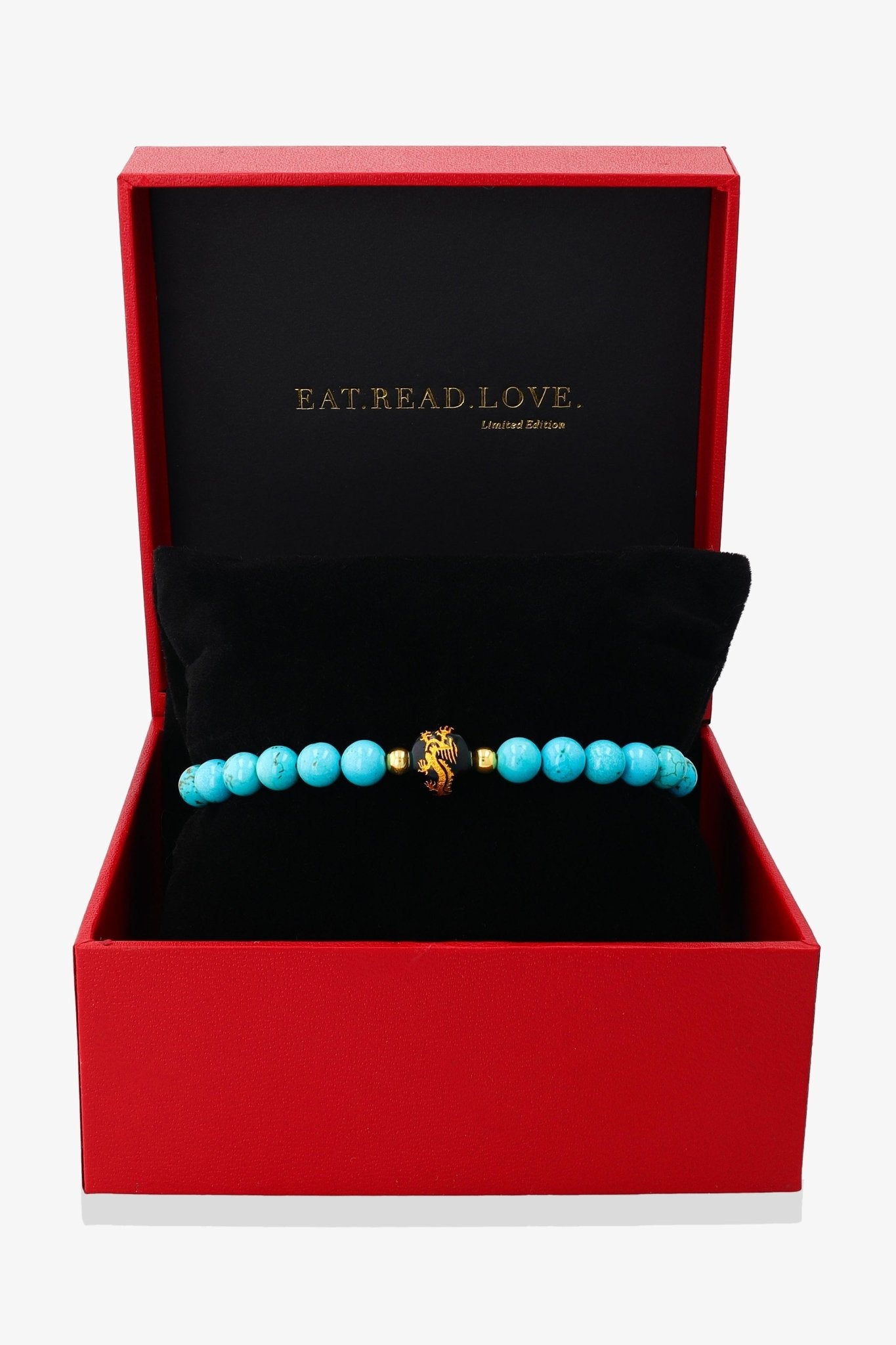 Turquoise and Black Obsidian Lucky Dragon Feng Shui Bracelet REAL Gold - Harmony - Eat.Read.Love.