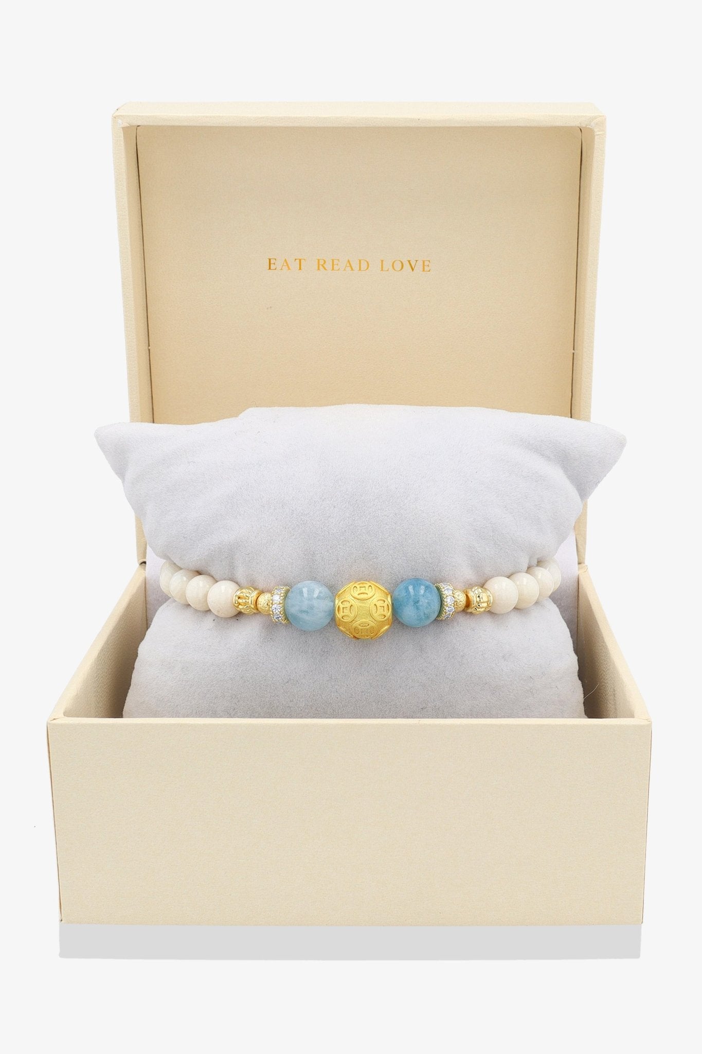 White Coral 18k Gold Vermeil Money Magnet Charm Aquamarine Bracelet - Eat.Read.Love.