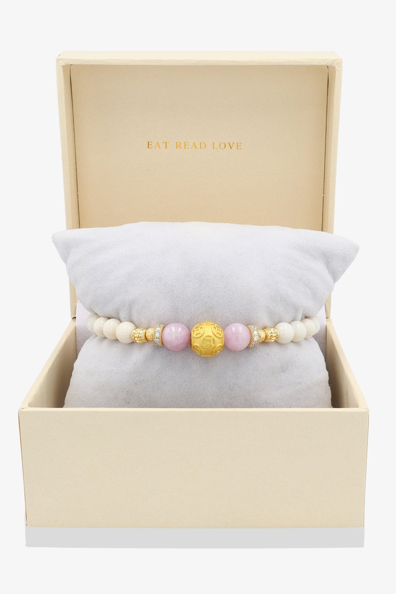 White Coral 18k Gold Vermeil Money Magnet Charm Rose Quartz Bracelet - Eat.Read.Love.