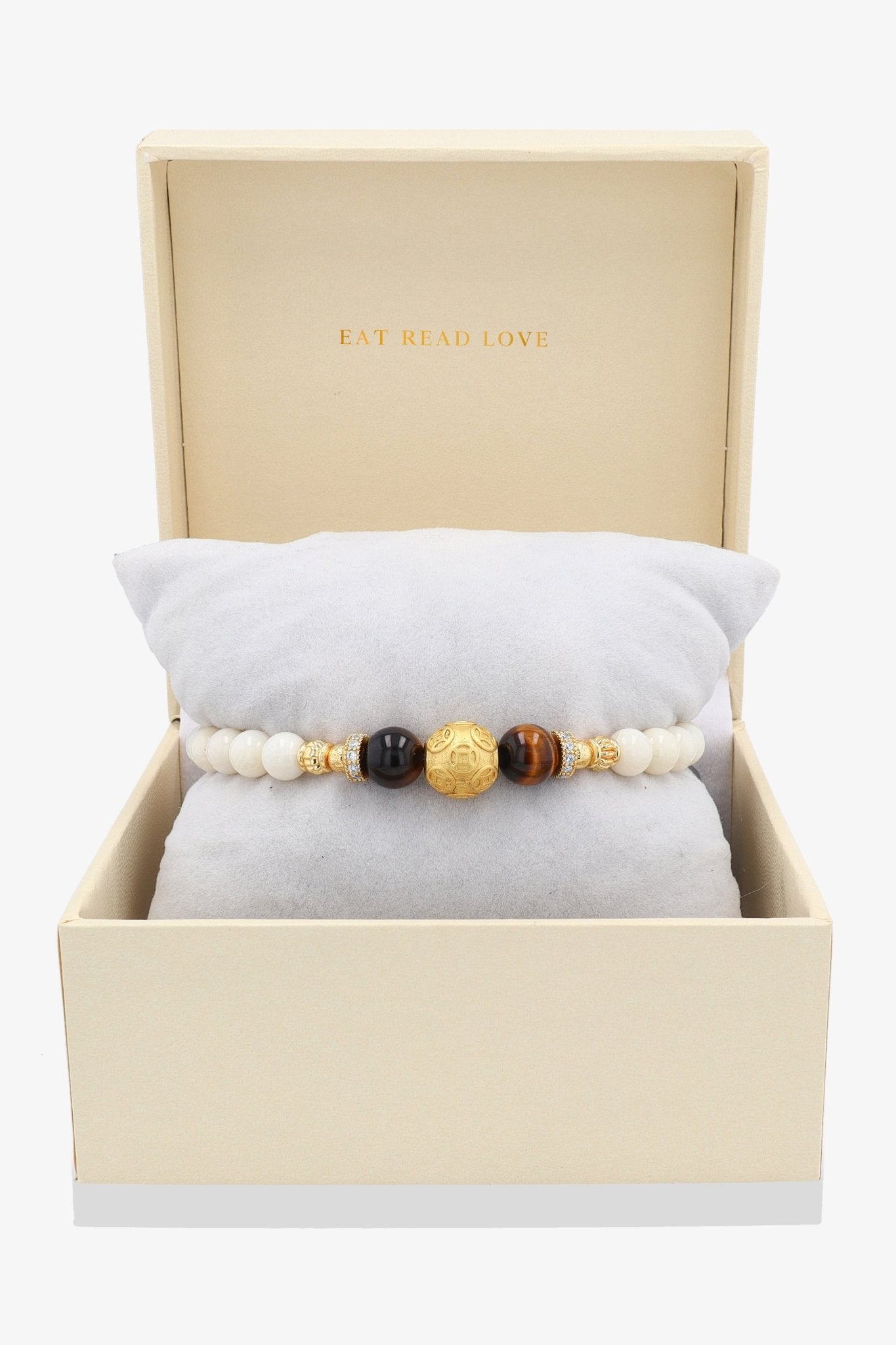 White Coral 18k Gold Vermeil Money Magnet Charm Tigers Eye Bracelet - Eat.Read.Love.