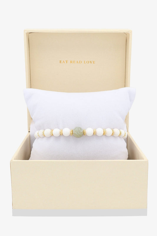 White Coral with Gold Lucky Coin and White Jade charm Bracelet - Eat.Read.Love.