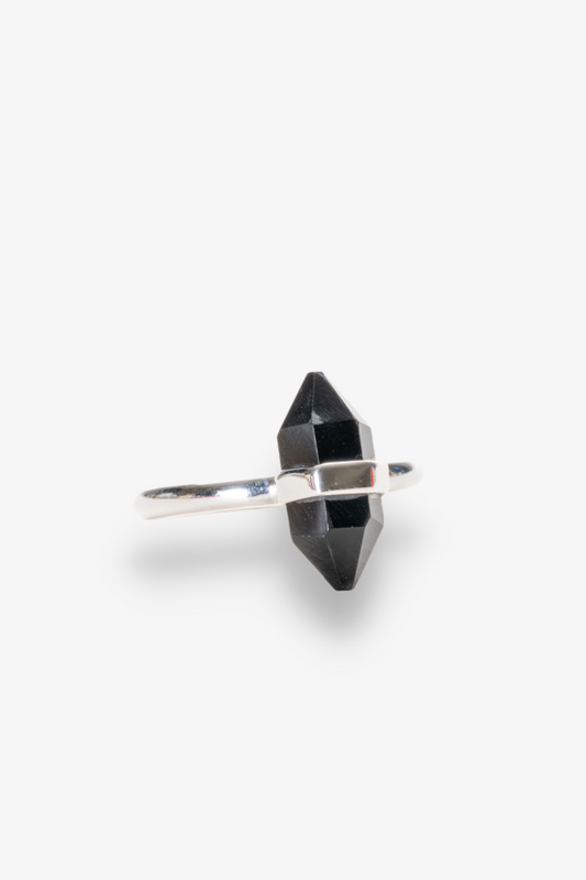 Black Tourmaline Double Pointed Sterling Silver Ring