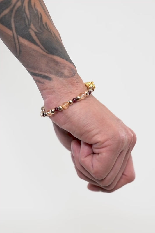 Natural Citrine & Garnet  Pixiu Feng Shui Bracelet w/ Gold Vermeil Beads