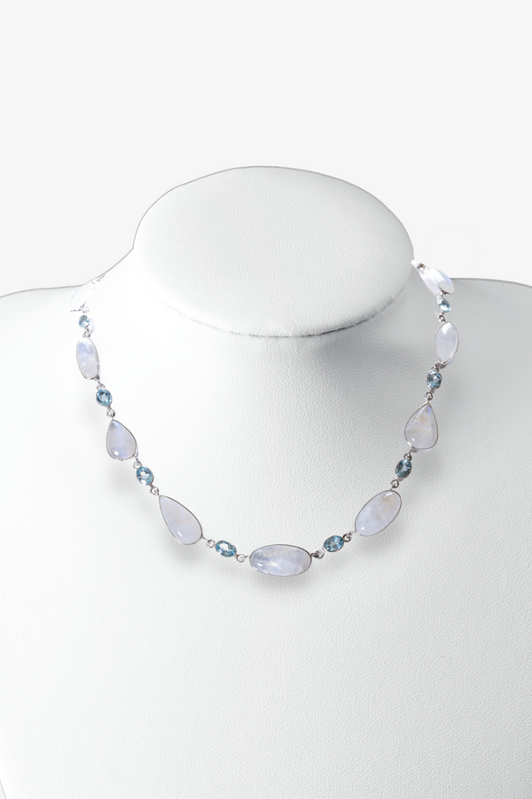 Genuine Rainbow Moonstone with Faceted Blue Topaz Necklace
