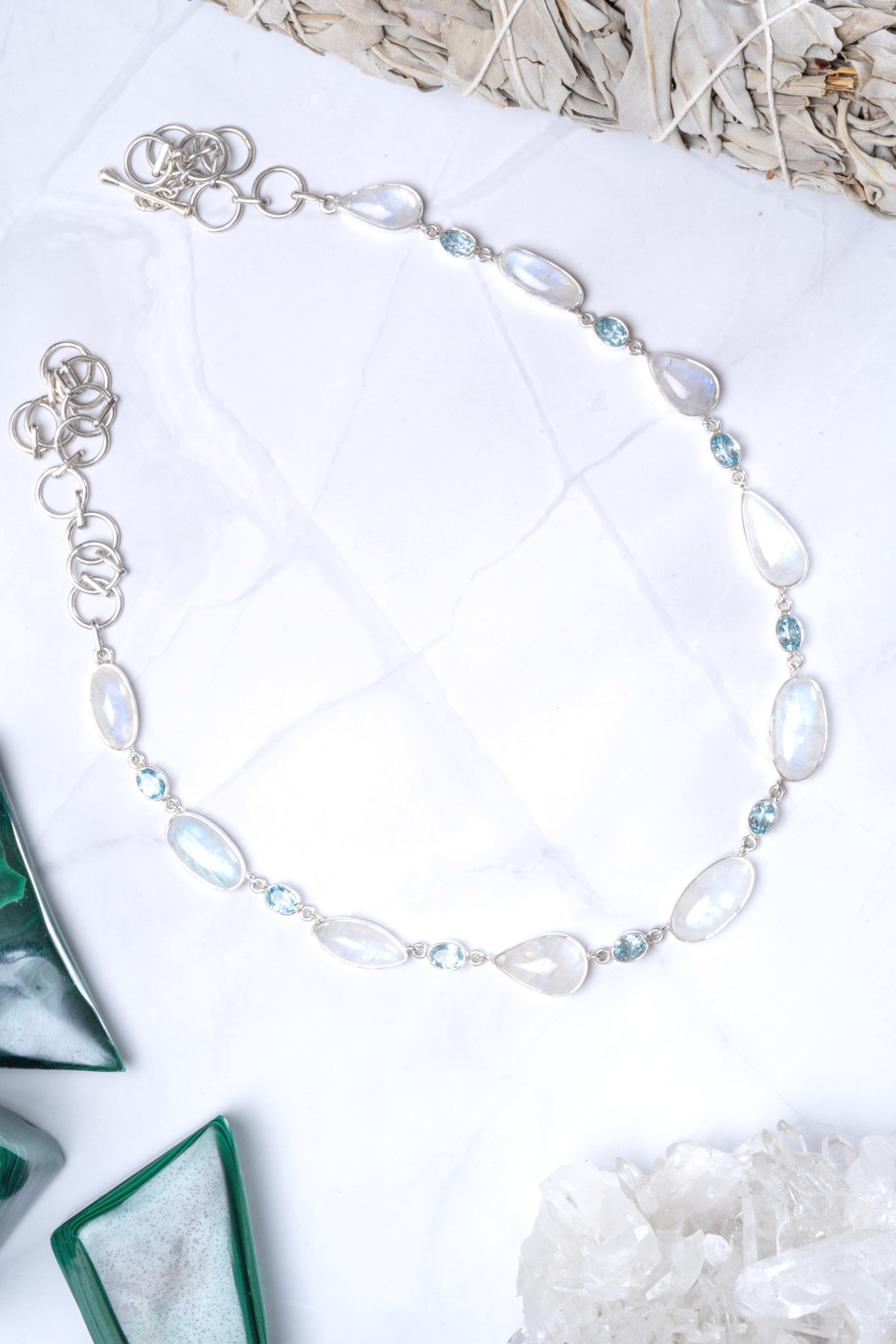 Genuine Rainbow Moonstone with Faceted Blue Topaz Necklace