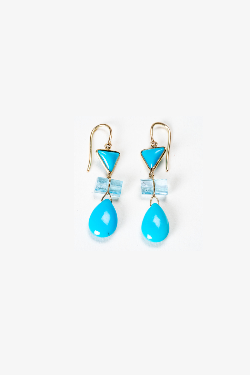 18k REAL Yellow Gold Turquoise and Aquamarine Crystal Earring