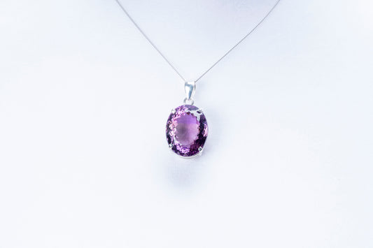 Large Faceted Amethyst Sterling Silver Pendant.